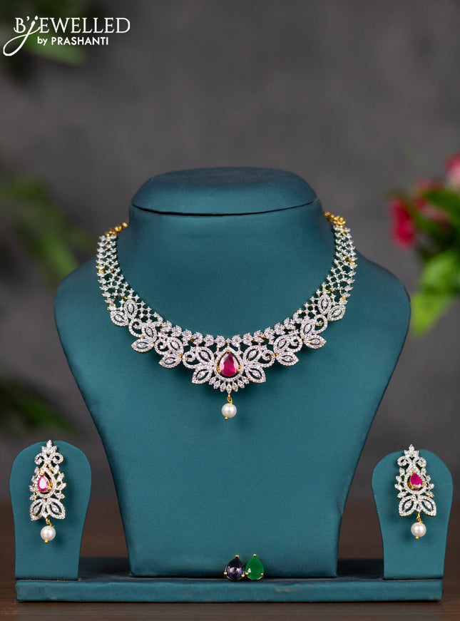 Zircon necklace with multicolour & cz stones and pearl hanging in gold finish