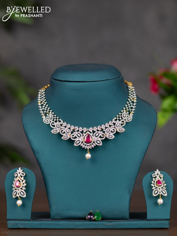 Zircon necklace with multicolour & cz stones and pearl hanging in gold finish