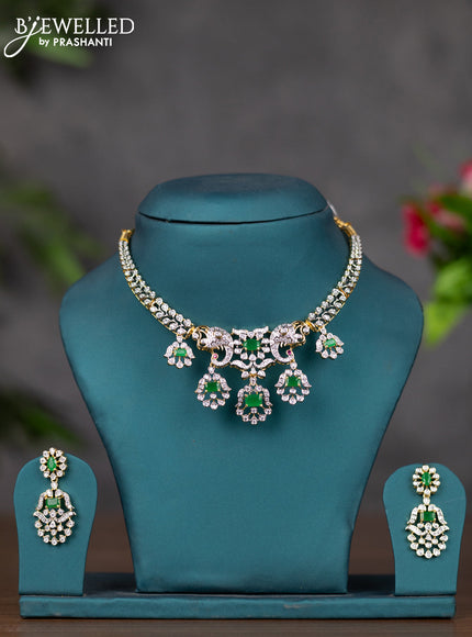 Zircon necklace peacock design with emerald and cz stones in gold finish
