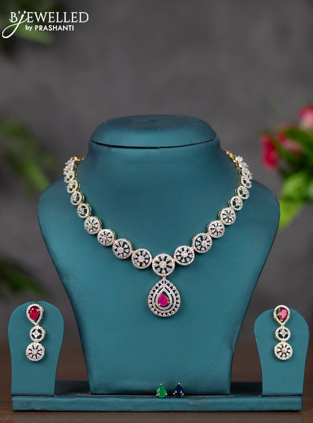 Zircon necklace with  ruby  and cz stones in gold finish