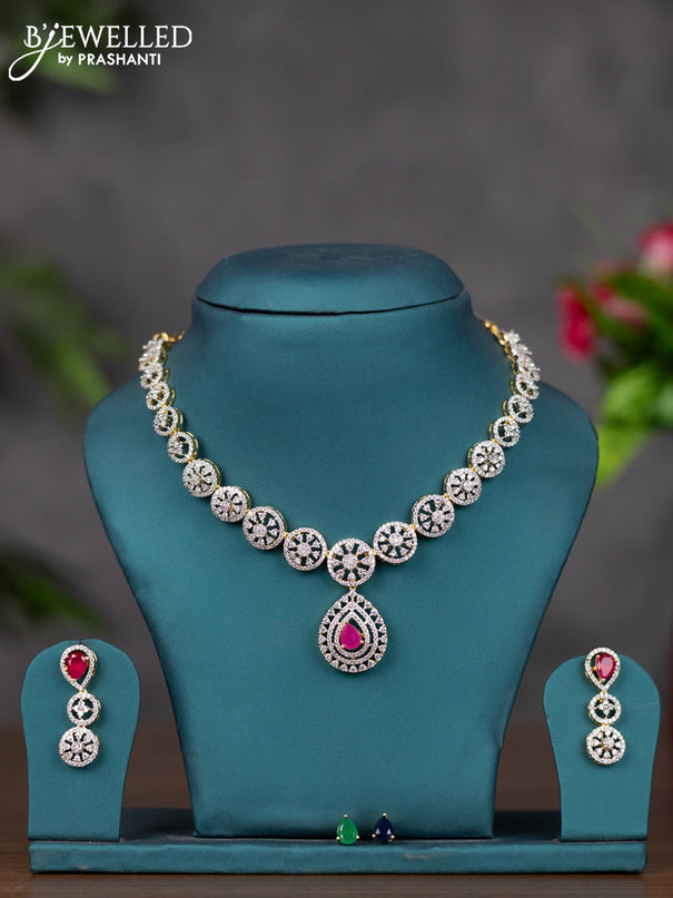 Zircon necklace with  ruby  and cz stones in gold finish