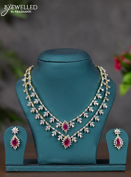 Zircon double layer necklace with ruby and cz stones in gold finish