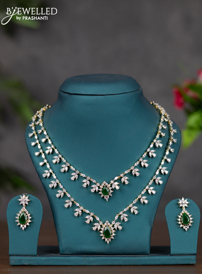 Zircon double layer necklace with emerald and cz stones in gold finish