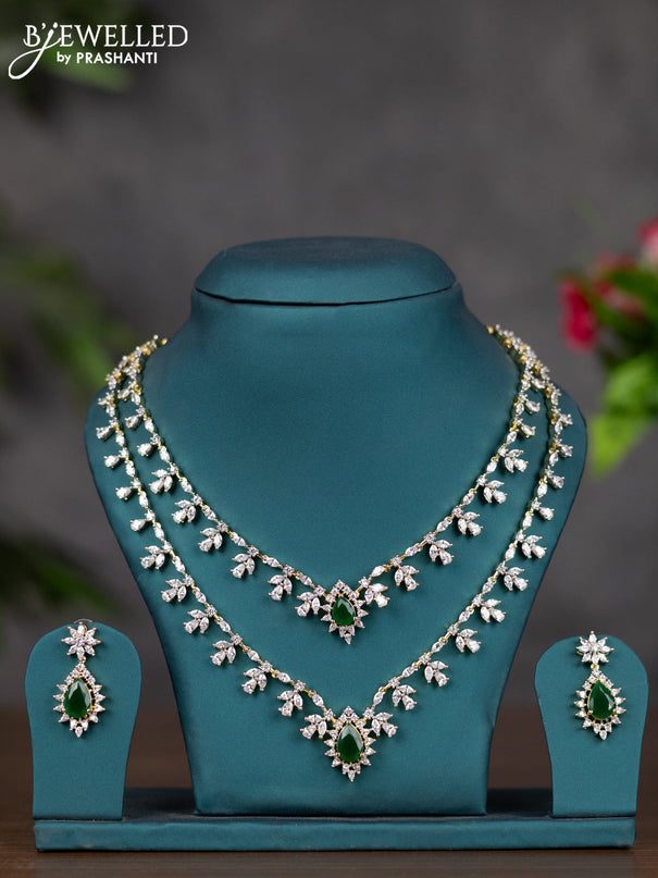 Zircon double layer necklace with emerald and cz stones in gold finish