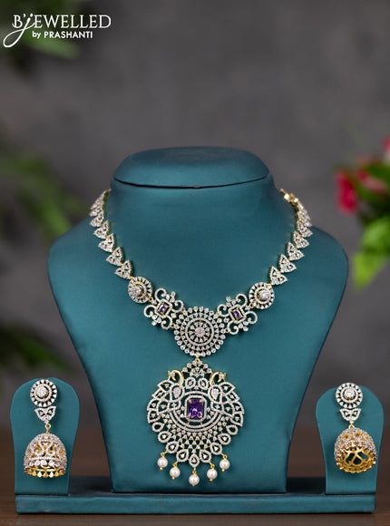 Zircon necklace with purple & cz stones and pearl hnagings in gold finish