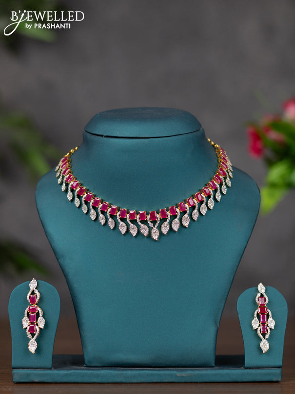 Zircon necklace with ruby and cz stones in gold finish