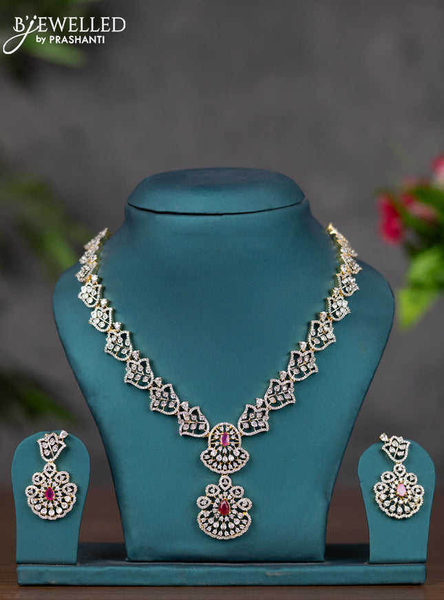 Zircon necklace with ruby and cz stones in gold finish