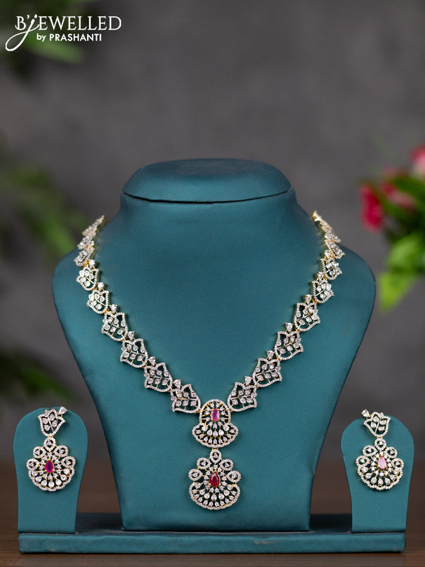 Zircon necklace with ruby and cz stones in gold finish