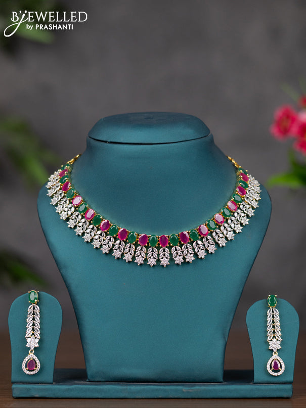 Zircon necklace with ruby & emerald and cz stones in gold finish