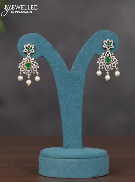 Zircon necklace with emerald & cz stones and pearl hangings in gold finish