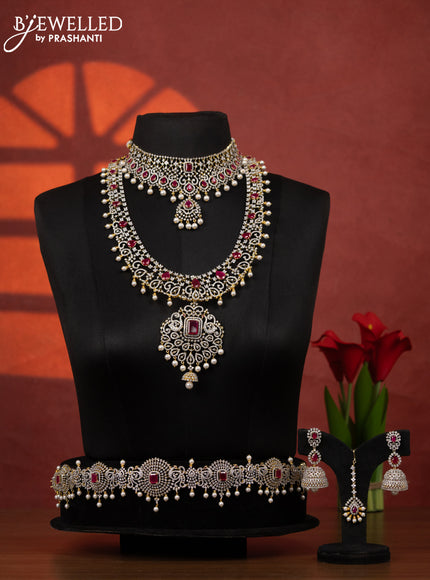 Zircon bridal set detachable pendant with ruby & cz stones and pearl hangings