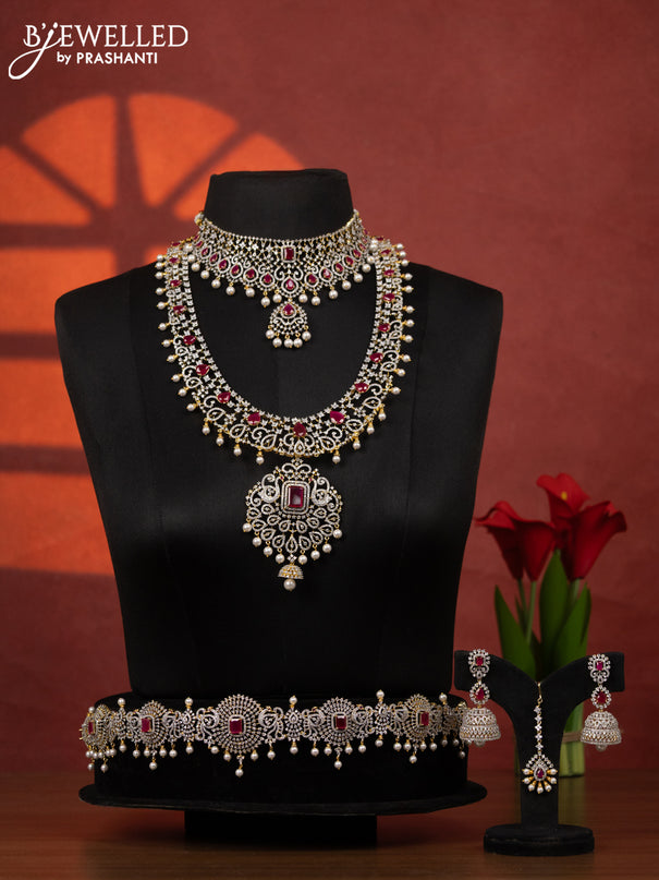 Zircon bridal set detachable pendant with ruby & cz stones and pearl hangings