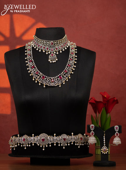 Zircon bridal set detachable pendant with ruby & cz stones and pearl hangings
