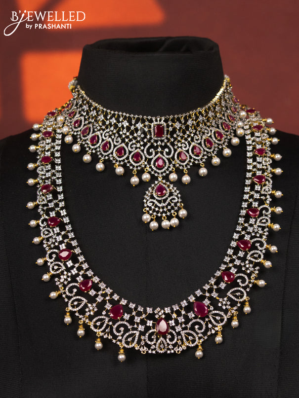 Zircon bridal set detachable pendant with ruby & cz stones and pearl hangings