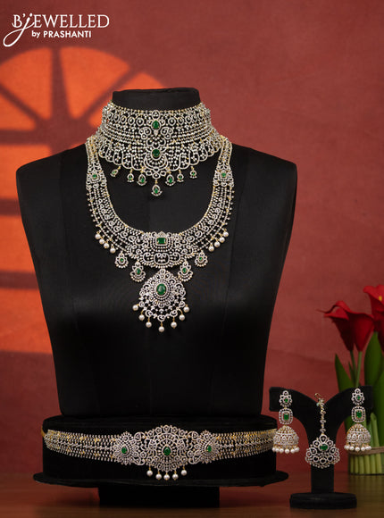 Zircon bridal set detachable pendant with emerald & cz stones and pearl hangings
