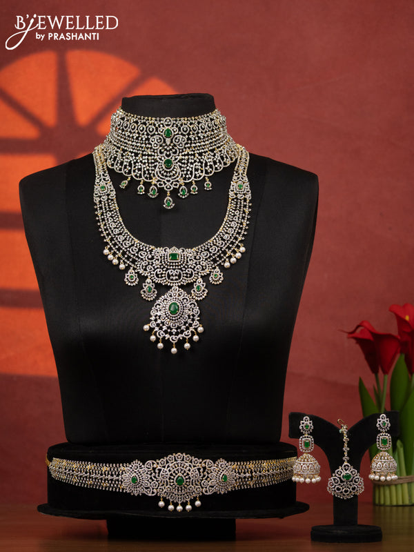 Zircon bridal set detachable pendant with emerald & cz stones and pearl hangings