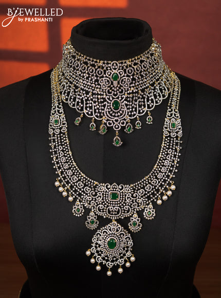 Zircon bridal set detachable pendant with emerald & cz stones and pearl hangings