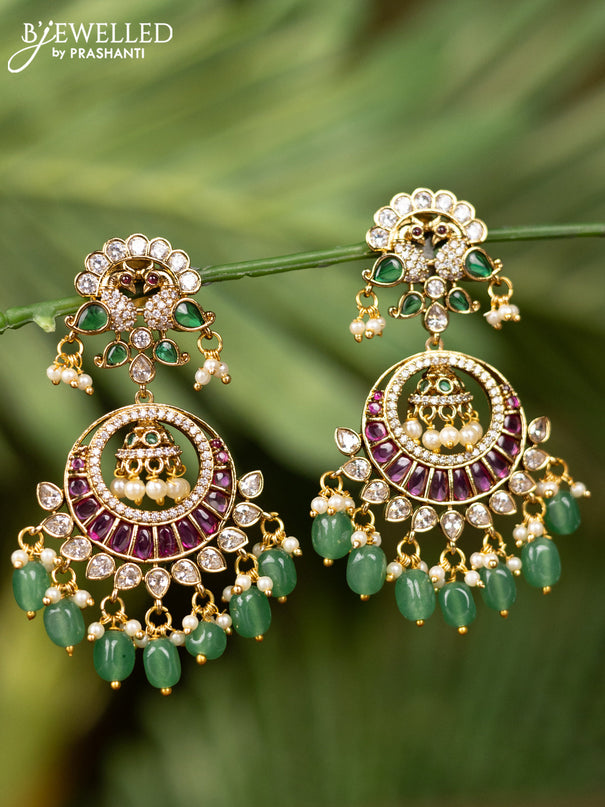 Antique earrings peacock design with kemp & cz stones and pearl & mint green beads hangings