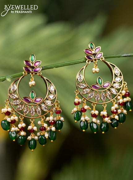 Antique earrings with kemp & kundan stones and pearl & green beads hangings
