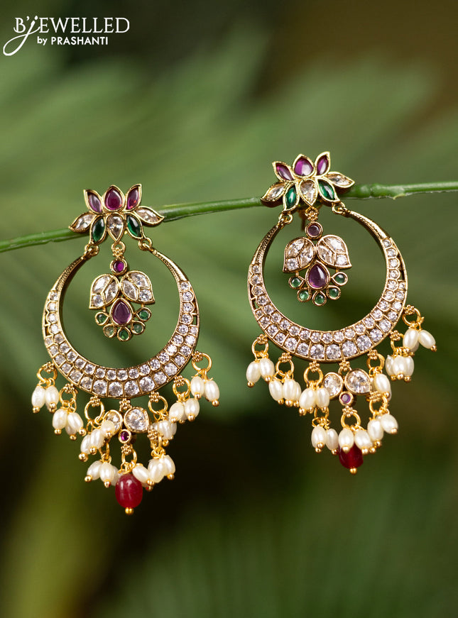 Antique earrings lotus design with kemp & cz stones and pearl & pink beads hangings