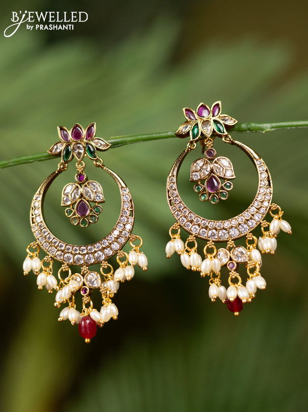 Antique earrings lotus design with kemp & cz stones and pearl & pink beads hangings