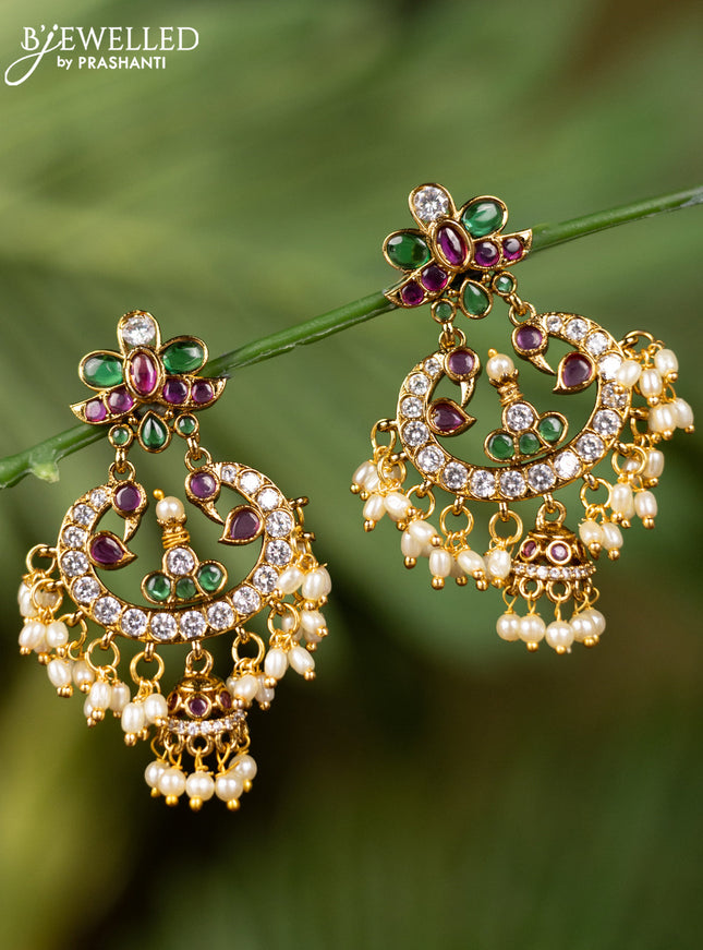 Antique earrings peacock design with kemp & cz stones and pearl hangings