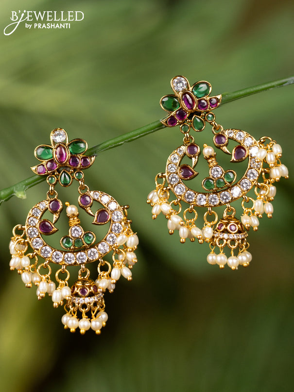 Antique earrings peacock design with kemp & cz stones and pearl hangings
