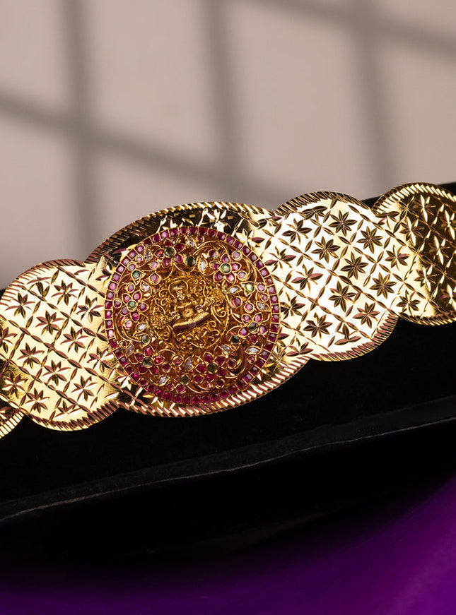 Antique self embossed hip belt with lakshmi design and kemp and cz stones