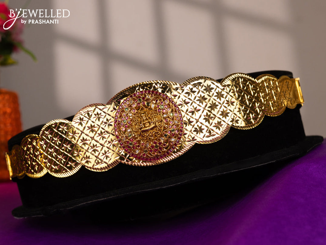 Antique self embossed hip belt with lakshmi design and kemp and cz stones
