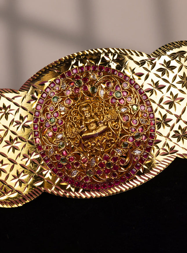 Antique self embossed hip belt with lakshmi design and kemp and cz stones