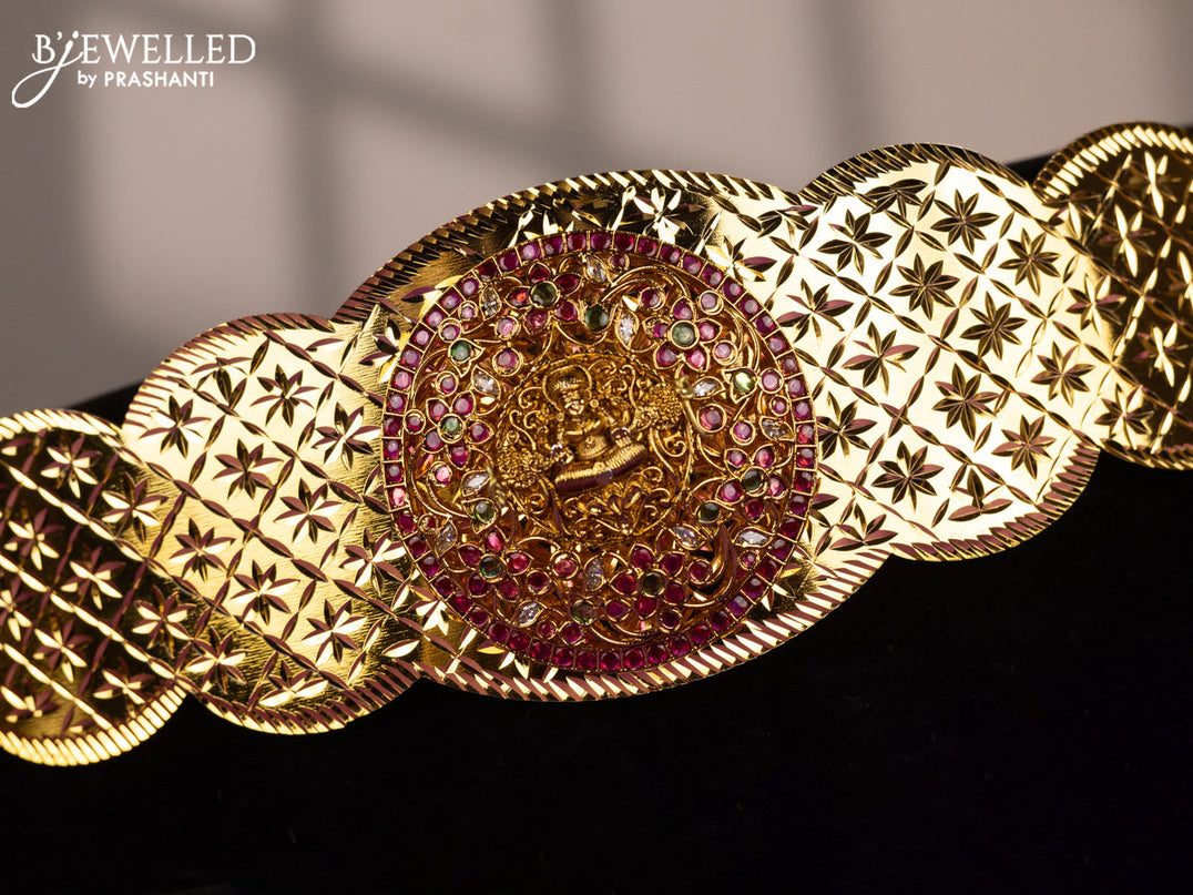 Antique self embossed hip belt with lakshmi design and kemp and cz stones