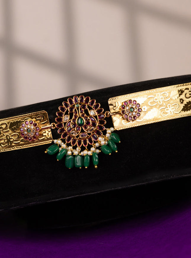 Antique self embossed hip belt double peacock design with kemp & cz stones and pearl & green beads hangings