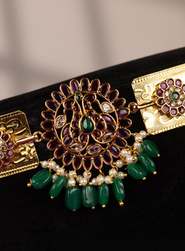 Antique self embossed hip belt double peacock design with kemp & cz stones and pearl & green beads hangings