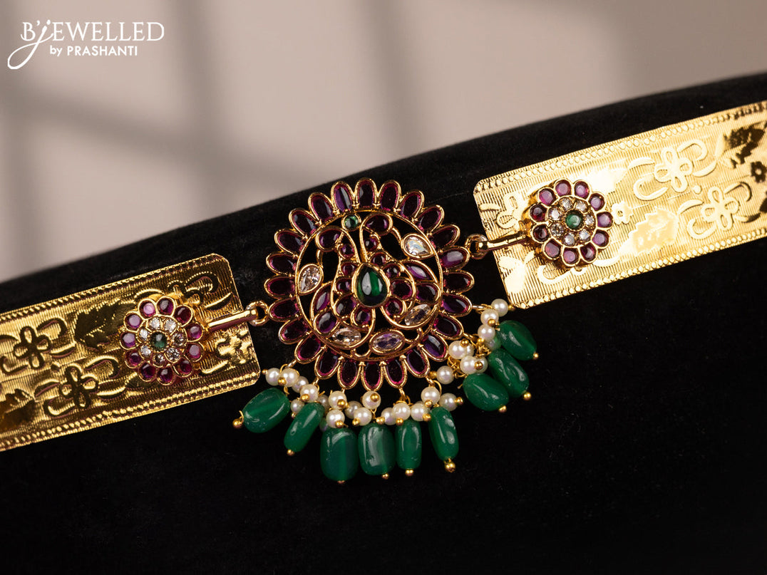 Antique self embossed hip belt double peacock design with kemp & cz stones and pearl & green beads hangings