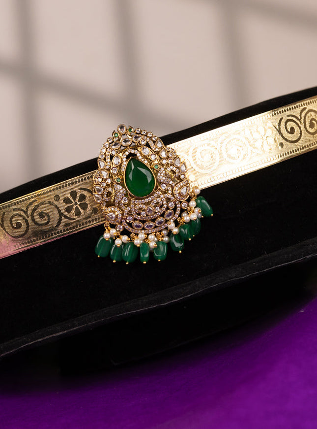 Antique self embossed hip belt with emerald & cz stones and pearl & green beads hangings