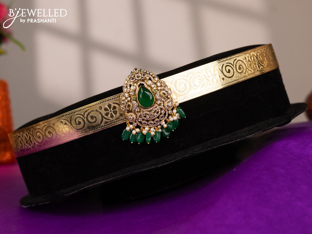 Antique self embossed hip belt with emerald & cz stones and pearl & green beads hangings