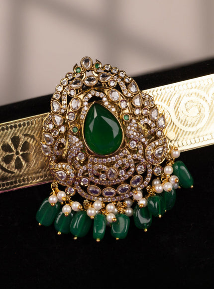 Antique self embossed hip belt with emerald & cz stones and pearl & green beads hangings