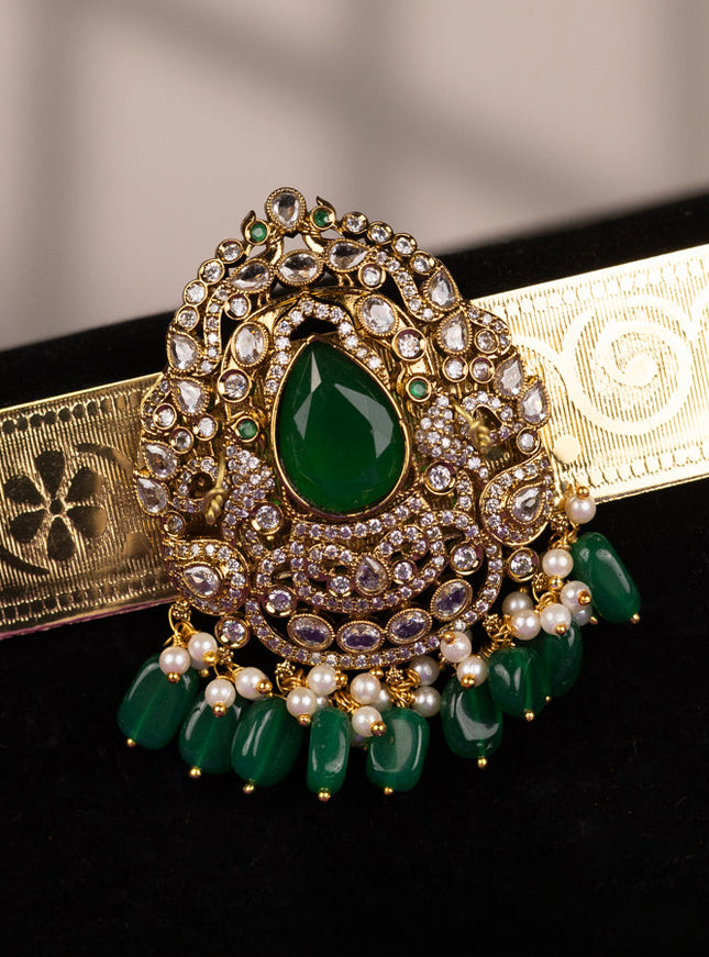 Antique self embossed hip belt with emerald & cz stones and pearl & green beads hangings