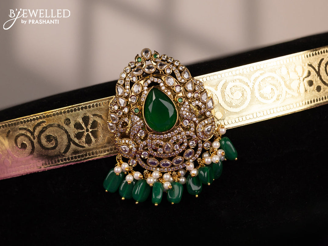 Antique self embossed hip belt with emerald & cz stones and pearl & green beads hangings