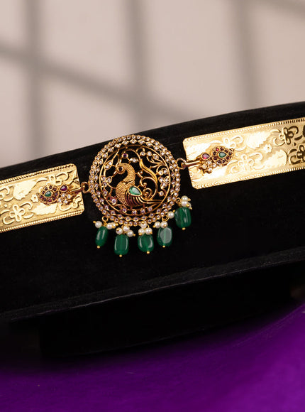 Antique self embossed hip belt peacock design with emerald & cz stones and pearl & green beads hangings