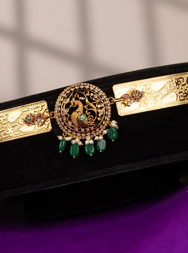 Antique self embossed hip belt peacock design with emerald & cz stones and pearl & green beads hangings
