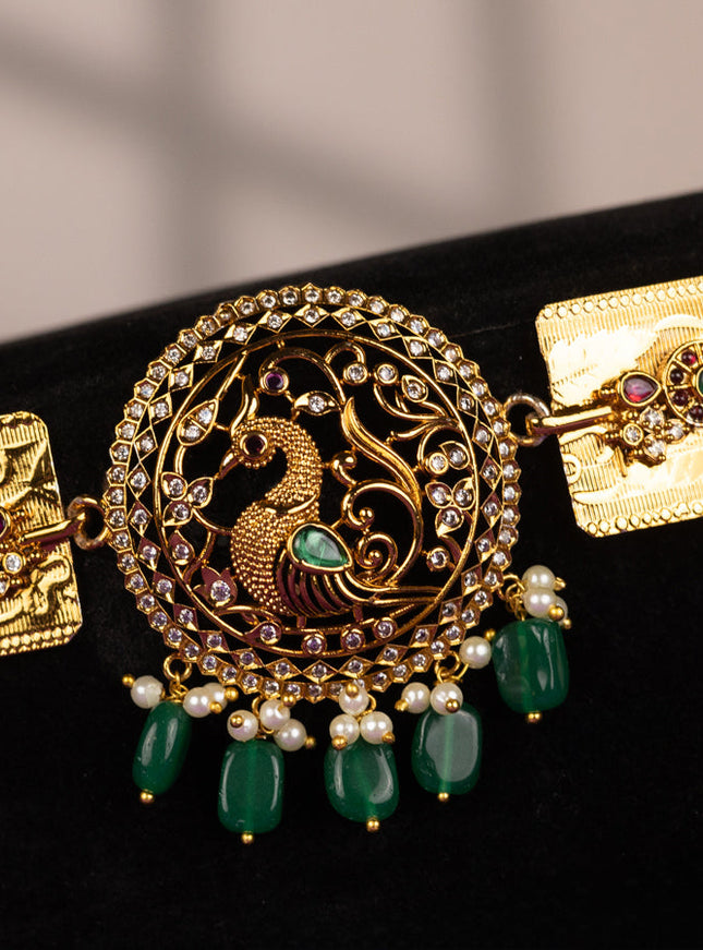 Antique self embossed hip belt peacock design with emerald & cz stones and pearl & green beads hangings
