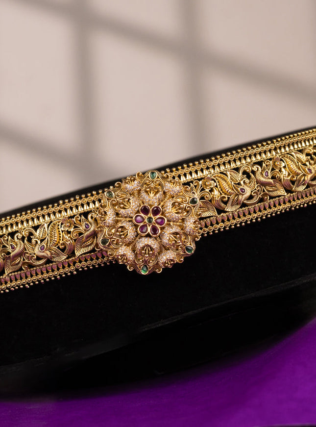 Antique self embossed hip belt peacock & floral design with kemp & cz stones