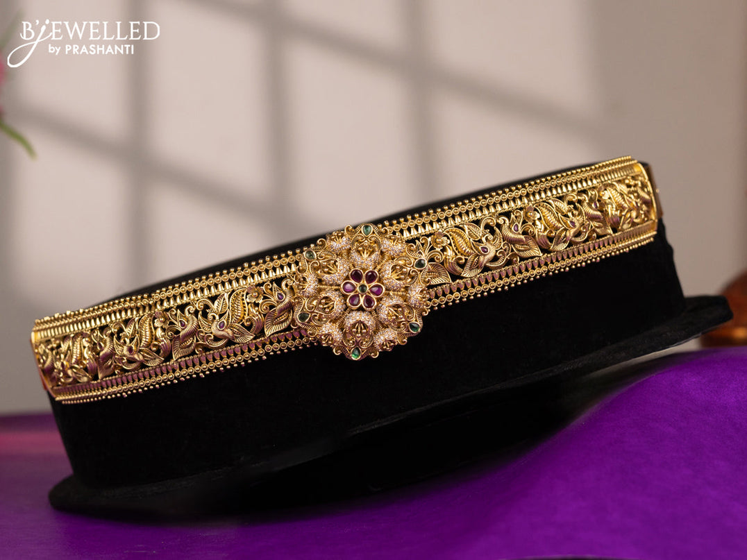 Antique self embossed hip belt peacock & floral design with kemp & cz stones