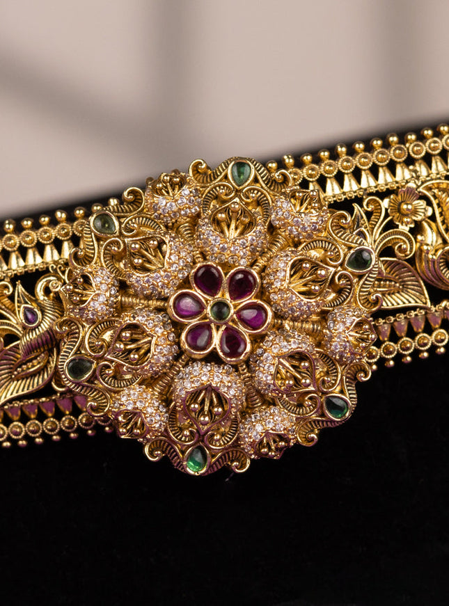 Antique self embossed hip belt peacock & floral design with kemp & cz stones
