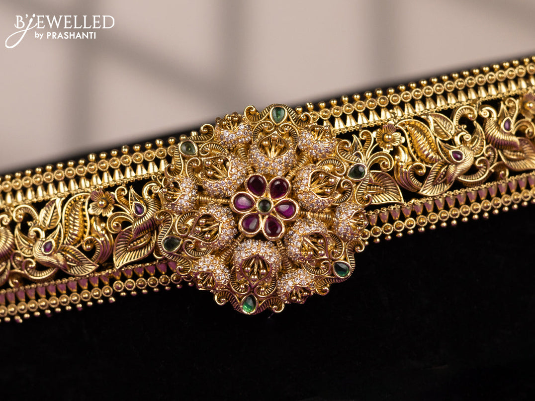 Antique self embossed hip belt peacock & floral design with kemp & cz stones