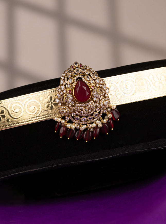Antique self embossed hip belt with ruby & cz stones and pearl & pink beads hangings