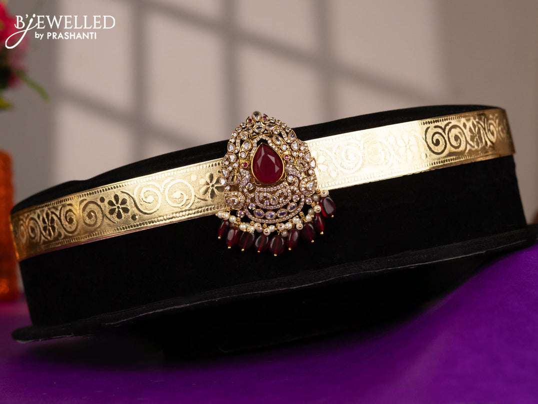 Antique self embossed hip belt with ruby & cz stones and pearl & pink beads hangings