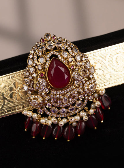 Antique self embossed hip belt with ruby & cz stones and pearl & pink beads hangings