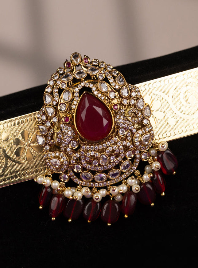 Antique self embossed hip belt with ruby & cz stones and pearl & pink beads hangings